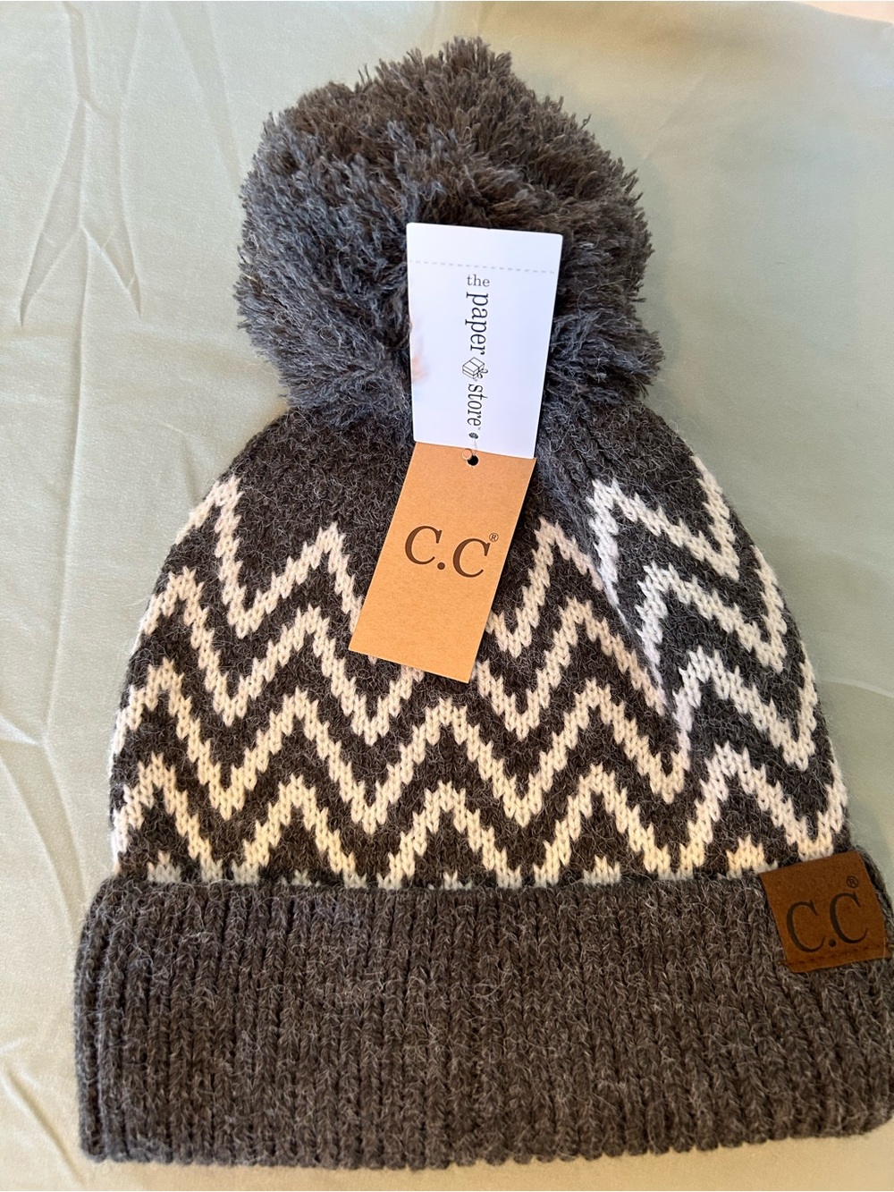 C.C Charcoal and White Chevron Pom Beanie